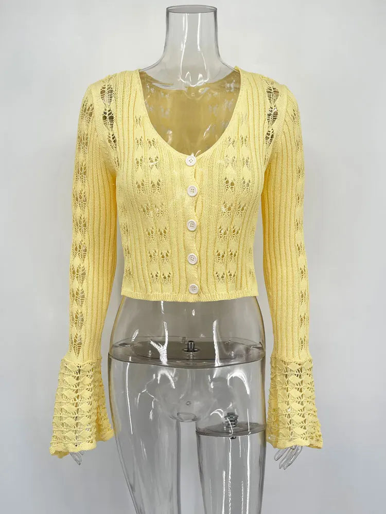 Knitwear Hollow Out Sweater Cardigan Women V-Neck Long Sleeve See-Through Cropped Top Summer Knit Patchwork Cardigan Top voguable