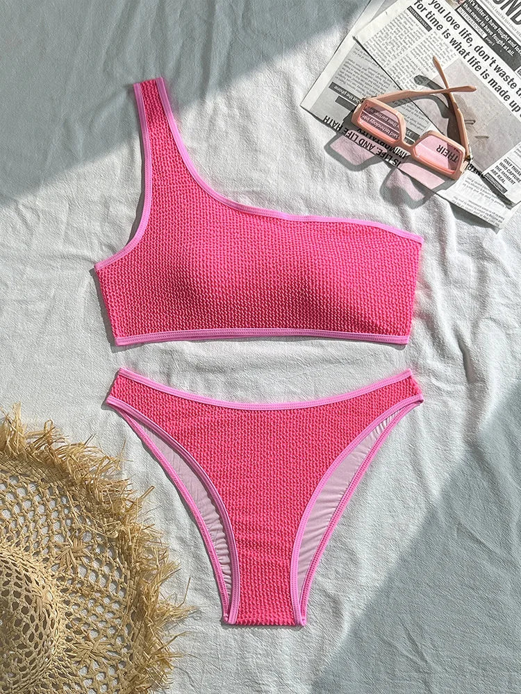 Voguable  Sexy Contrast Color One Shoulder Bikini Women Split Swimsuit Beach Vacation Bikini 2026 New All Season Bikinis 2 Piece Set voguable