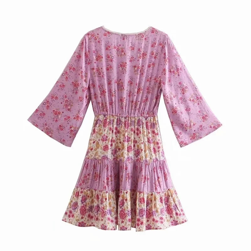Voguable Floral Vintage Mini Dress Pink Holiday Boho Women Dress  Flare Sleeve Summer Holiday Ladies Female Sexy Dresses voguable