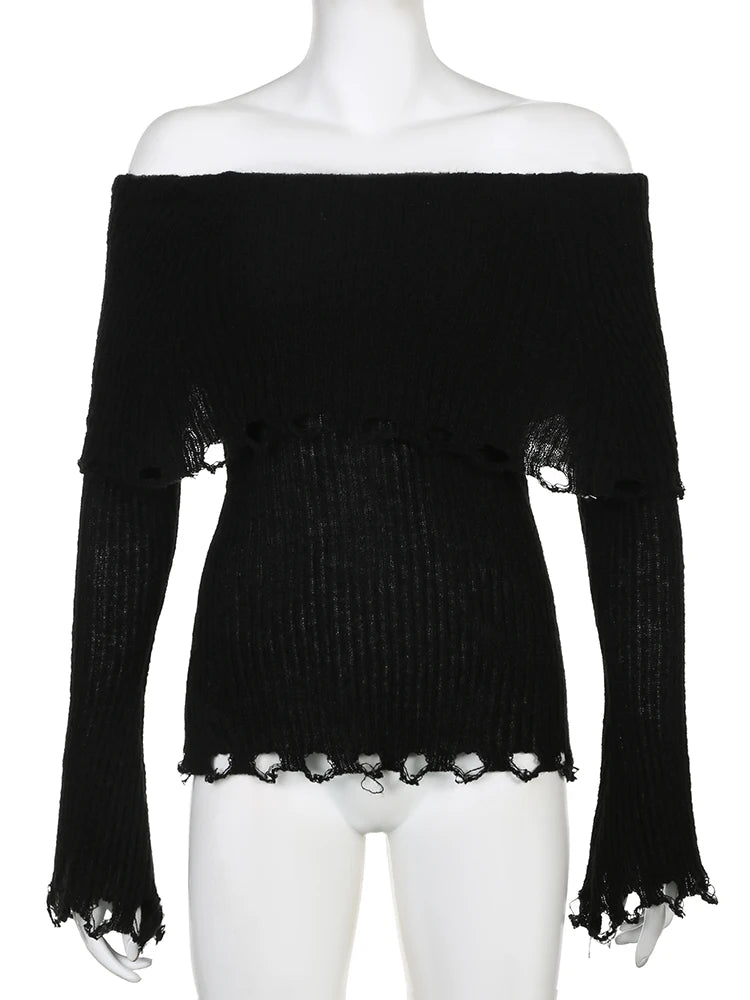 Voguable Grunge Fairycore Off Shoulders Ripped Sweaters Women Autumn Sexy Slash Neck Goth Jumper Tops Y2K Dark Academic Pullover voguable