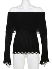 Voguable Grunge Fairycore Off Shoulders Ripped Sweaters Women Autumn Sexy Slash Neck Goth Jumper Tops Y2K Dark Academic Pullover voguable