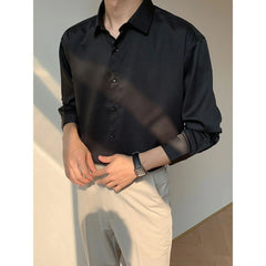 Autumn High-end Maillard Long Sleeve Ice Silk Shirts for Men and Women Korean Fashion Loose Solid Color Button Men Dress Shirt voguable