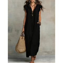 Voguable  New Ruffles V-neck Casual Solid Color Straight Tube Long Dresses Summer Casual Loose Fit Flying Sleeve Pocket Women's Dress voguable