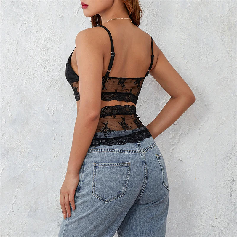 y2k Lace Crop Top Women See Through Spaghetti Strapless Sleeveless Cut Out Tanks 2000s Aesthetic Clothes Streetwear voguable