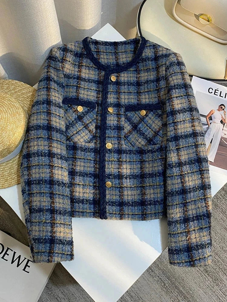 Thick Warm Elegant Tweed Jacket Women Slim Vintage Long Sleeve Winter Coat Korean Casual O Neck Female Retro Sweet Tops New voguable