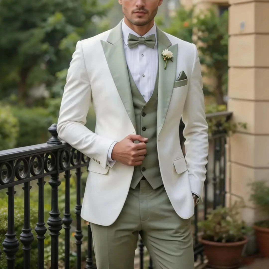 Voguable  Men Suit White 3 Pieces Single Button With Lapel For Wedding Birthday Banquet Party Business Work Office Jacket Vest Pant voguable