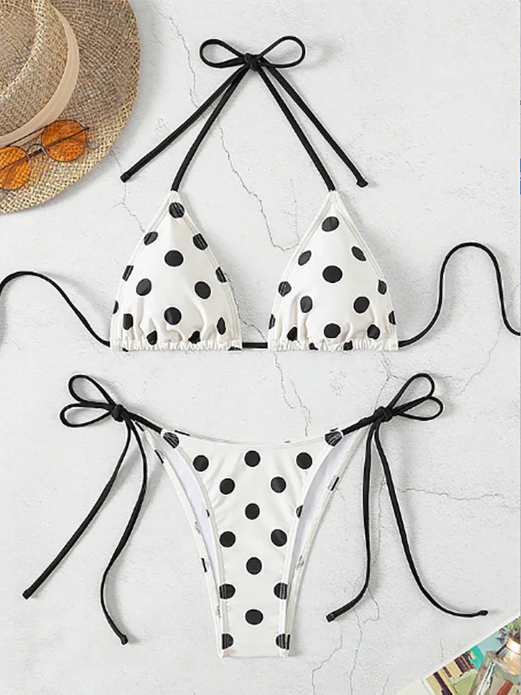 Voguable  Sexy Lace Up Polka Dot Vacation Bikinis Women Split Swimsuit Beach Bikini New All Season Backless Bikinis 2 Piece Set voguable