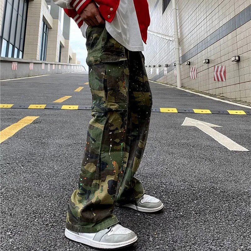 Y2K Fashion Ink Graffiti Baggy Tracksuit Cargo Flare Pants Men Joggers Camouflage Women Casual Long Trousers Ropa Hombre voguable