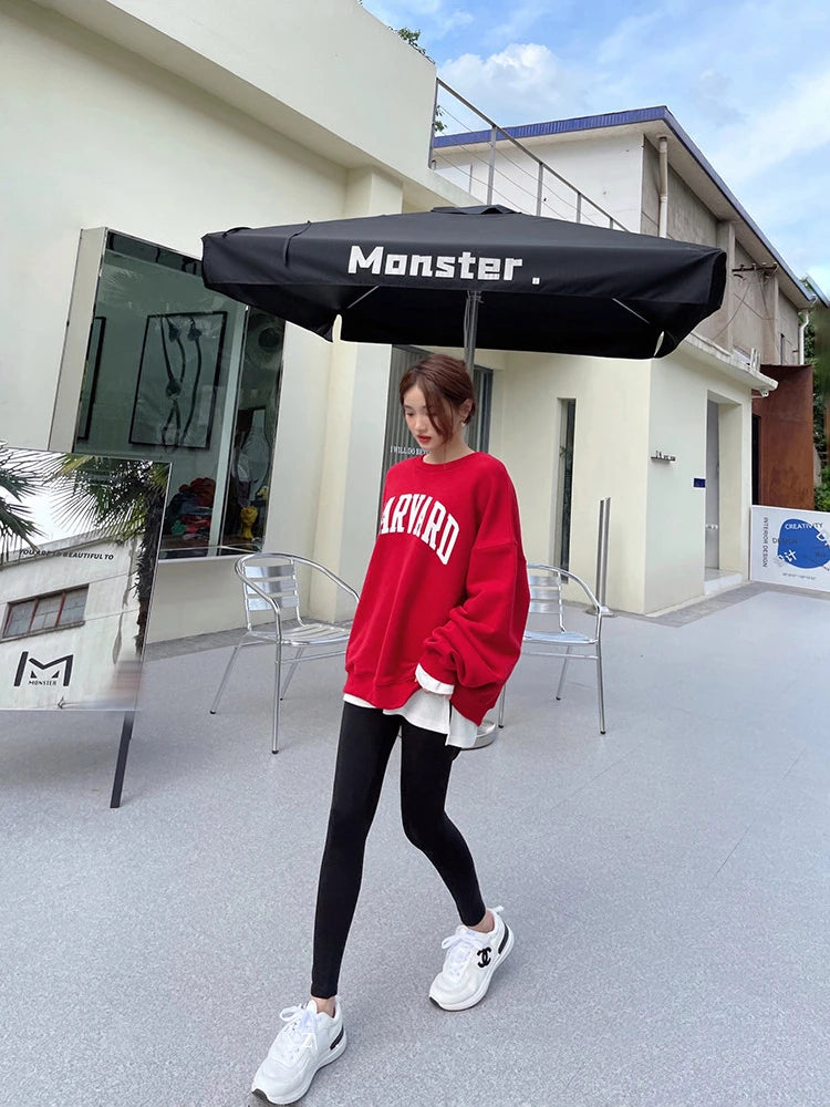 Women's English Printing Long Sleeved Red Sweatshirts Spring Autumn New Street Style Female Loose Round Neck Pullover Tee voguable