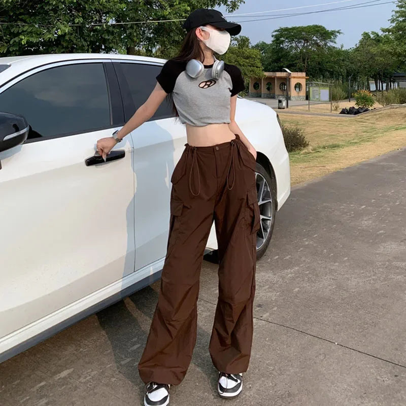 Y2K Brown Drawstring Cargo Pants Women Vintage Hip Hop Streetwear Baggy Pocket Wide Leg Trousers Summer Casual Straight Pants voguable