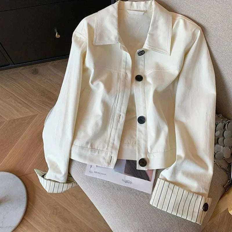 Fashion Sweet Slim Denim Jacket Women Korean Long Sleeve Striped Patchwork Short Coat Fall Winter Female Chic Outwear Tops voguable