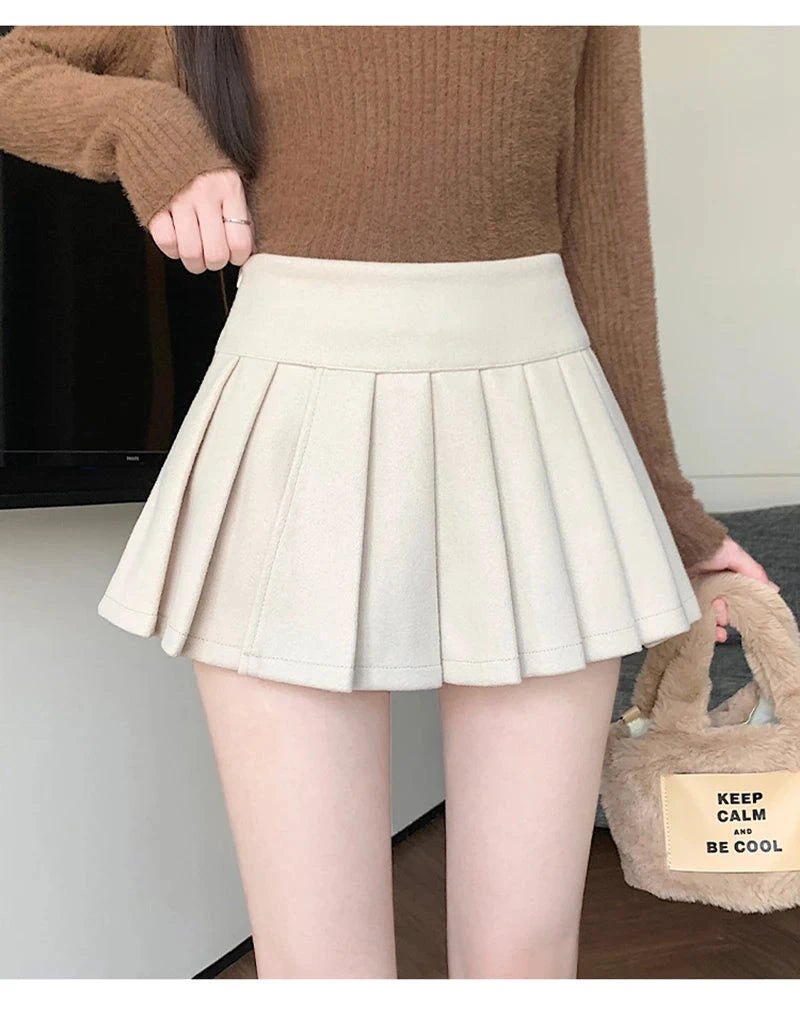 Retro Faux Woolen Pleated Skirt Women Sweet Slim Sexy Mini A Line Skirts Preppy Style High Waist Fall Winter Korean Skirt voguable