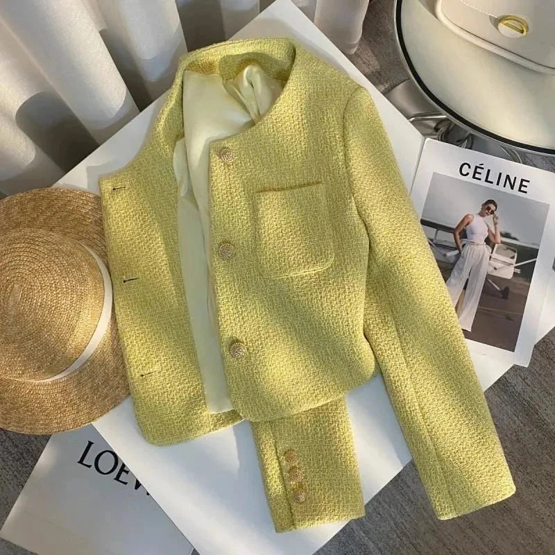 Yellow Sweet Tweed Jacket Women Elegant Retro Slim Long Sleeve Short Coat Korean O Neck Casual Fall Female Vintage Outwear voguable