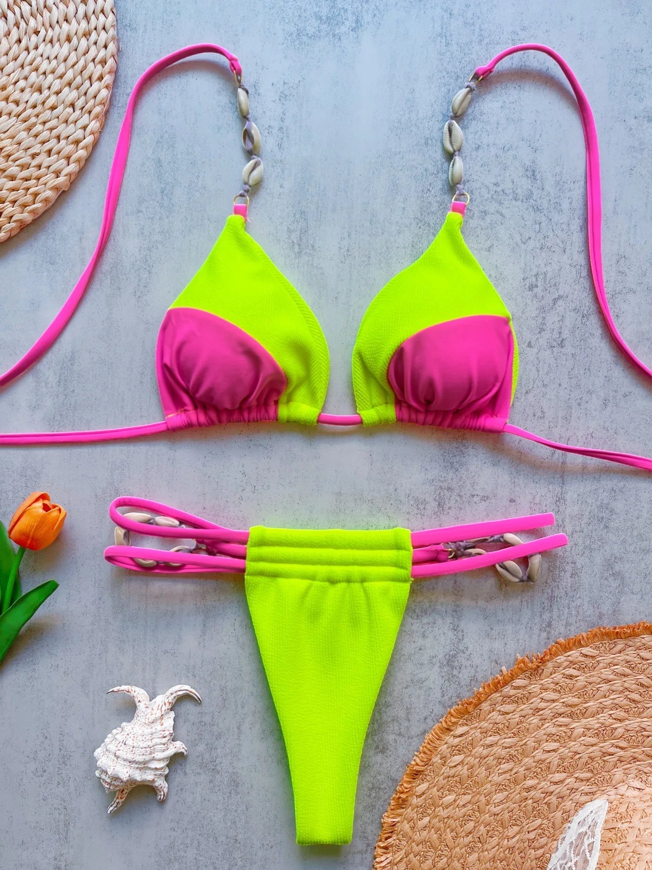 Voguable  Sexy Neon Green Patchwork Bikini Set Women Shell Strap Push Up Bra Hollow Out Thong Swimsuit Beach Bathing Suit Swimwear voguable