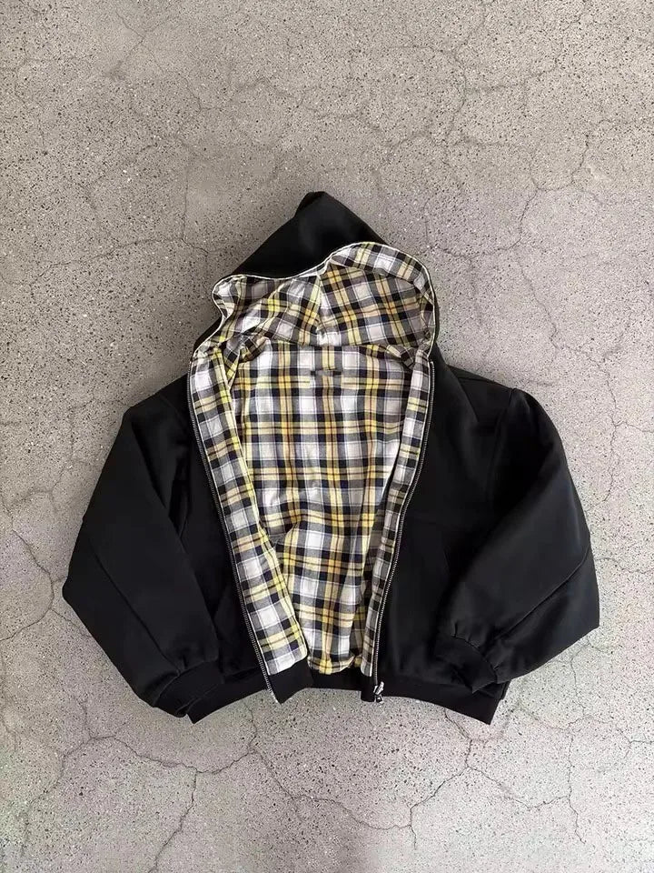 Voguable  Double-Sided Wear Plaid Patchwork Hoodie Men's Fashionable Zipper Splicing Autumn Winter Thickened Casual  Color Sweatshirt voguable