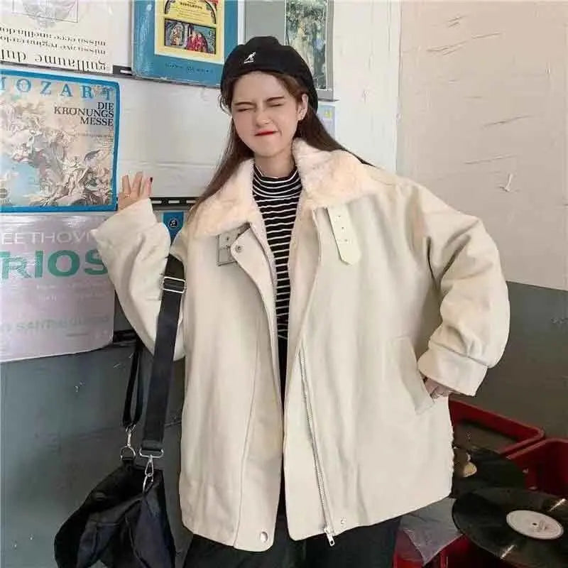 Winter Artificial Rabbit Warm Puffer Jacket Women Korean Loose Long Sleeve Lapel Parka Coats Solid Chic Plush All Match Outwear voguable