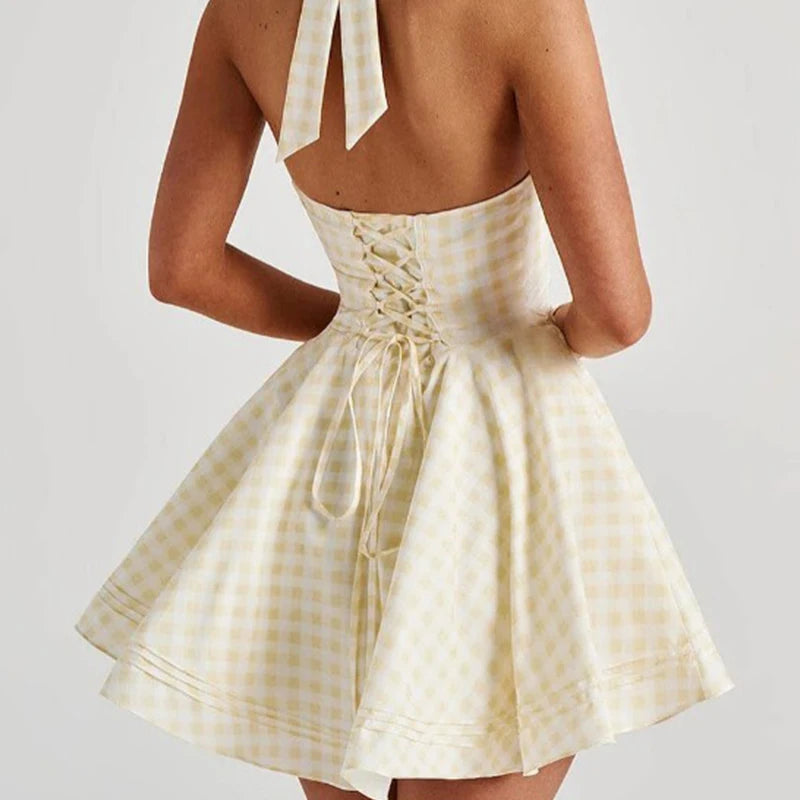 Sexy Backless Halter Mini Plaid Dress Women Deep V  Lacing Up Bandage Back A-line  Holiday Summer Dresses Short Robe voguable