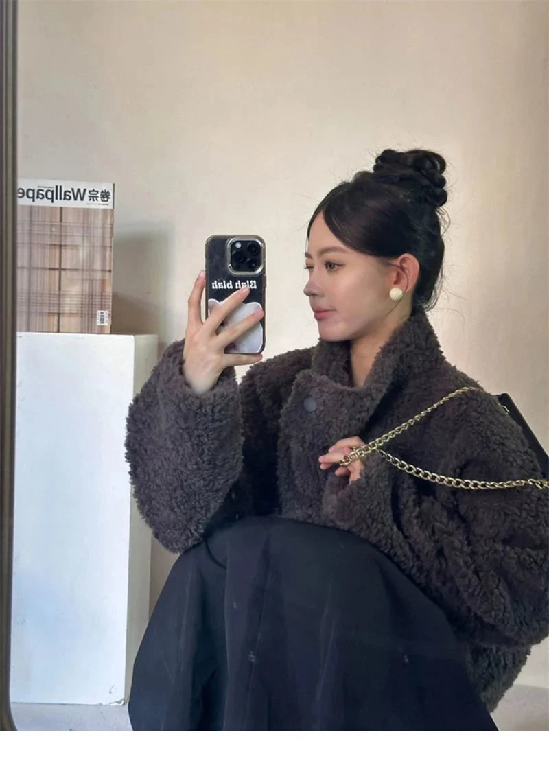 Japan Cute Faux Lamb Coat Women Loose Long Sleeve Winter Warm Retro Jacket Casual Stand Collar Preppy Style Pockets New Top voguable