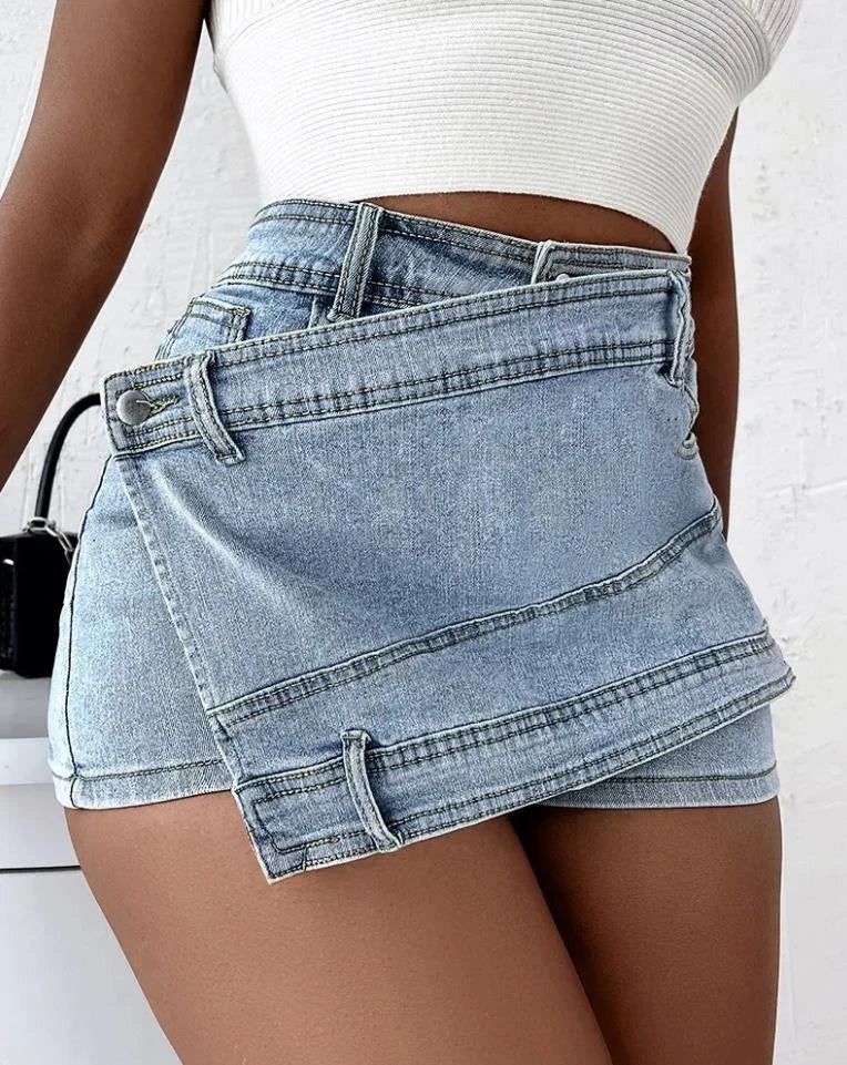 Voguable  Fashion Irregular Splicing Women's Denim Shorts Summer High Waisted A-line Jean Skirt Shorts Woman Slim Washed Blue Cowboy Pants voguable