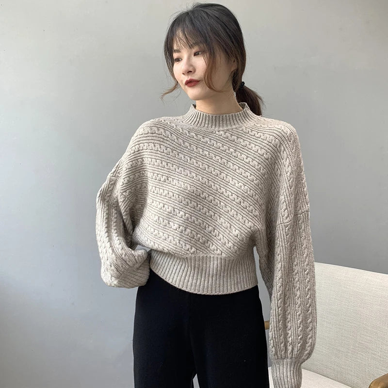 Fall Winter Thick Half Turtleneck Women Pullover Fashion Warm Lantern Sleeve Knitted Sweater Korean Loose Pure All-Match Jumper voguable