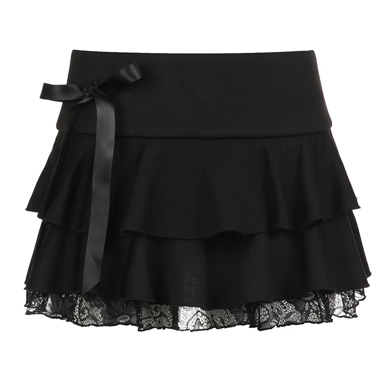 Voguable  Dark Academia Lace A-line Mini Skirt Black Low Waisted Bow Stitching Short Skirts Y2K Gothic Cute Bottoms Streetwear voguable