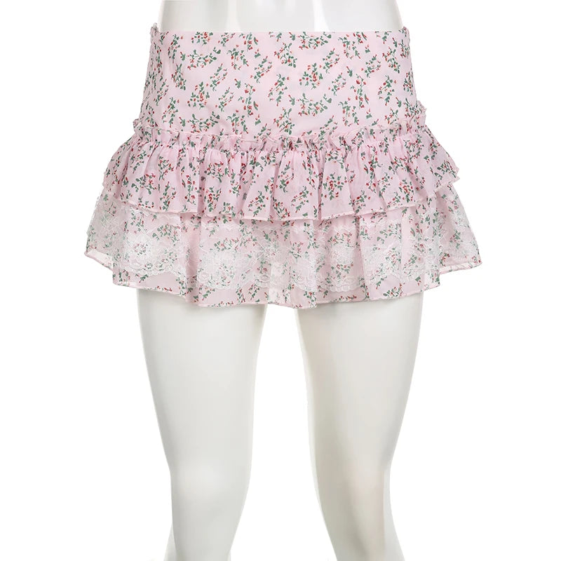 Voguable  Kawaii Floral Print Lace Stitching A-line Skirt Pink Low Waist Chiffon Skirts Y2K Coquette Lolita Skirts Soft Girls voguable
