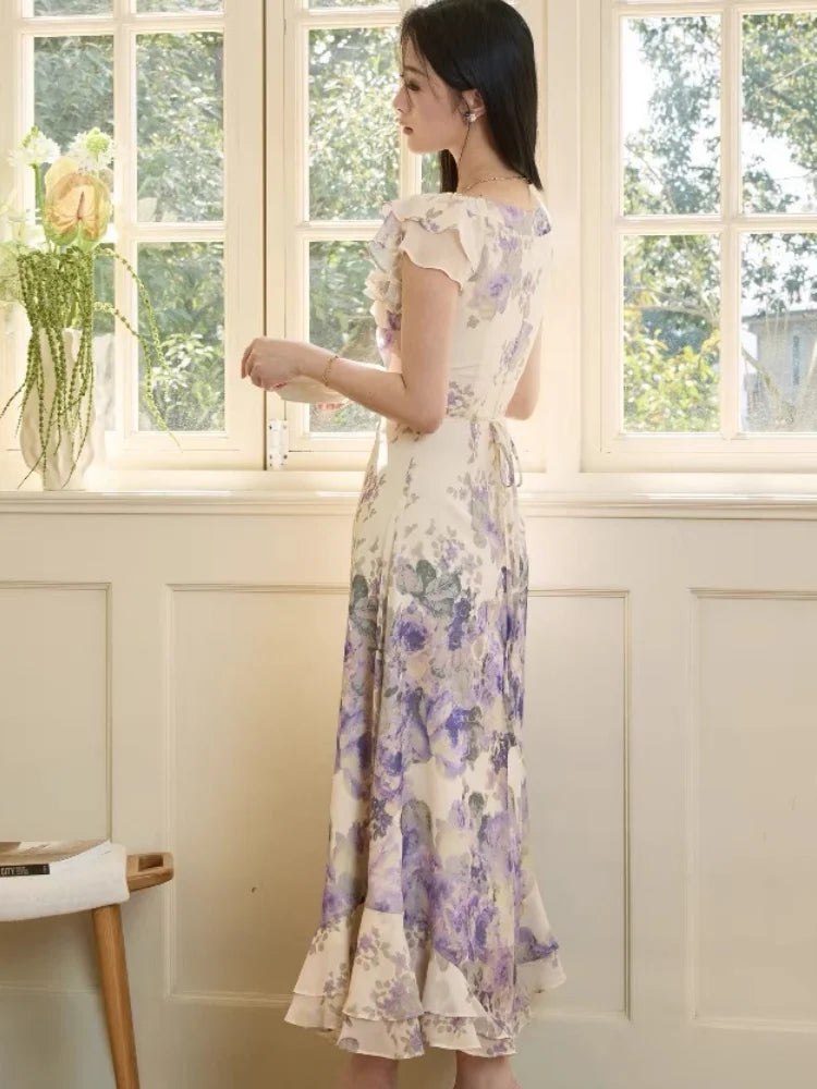 Summer 2025 New Vingeta Printing Dress For Woman Slash-Neck Ruffles Slim Waist Long Dresses Sexy Fashion Holiday Casual Vestidos voguable