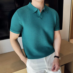 Men's Polo Shirt 2024 Summer New Thin Knitted Hollow Striped Jacquard Solid Short Sleeved V-neck T-shirt Casual Men's Clothing voguable