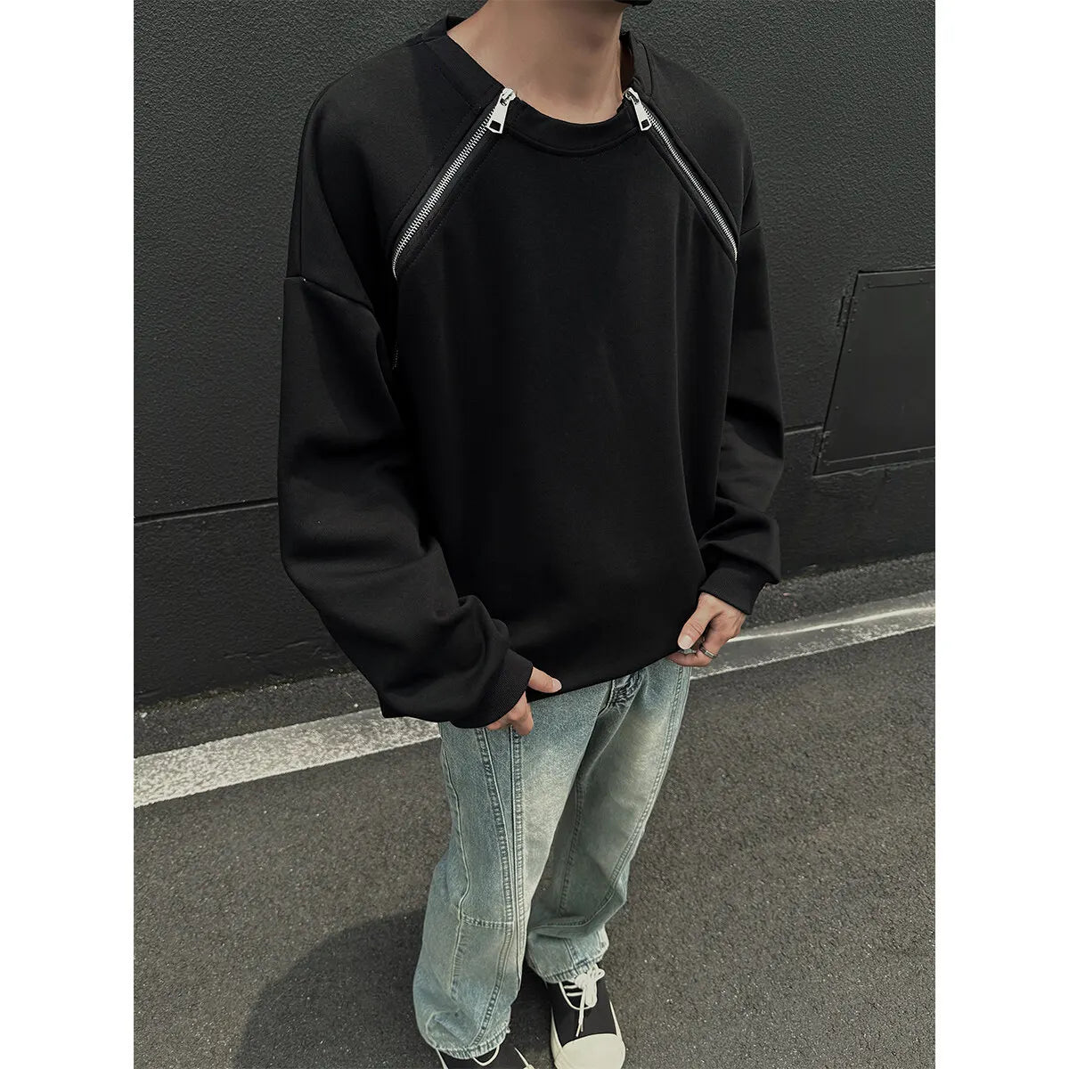 2025 Spring Men Sweatshirts Metal Zipper Solid Color Casual O Neck Fashion Oversize Streetwear Hip Hop Male White/Black voguable