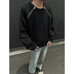 2025 Spring Men Sweatshirts Metal Zipper Solid Color Casual O Neck Fashion Oversize Streetwear Hip Hop Male White/Black voguable