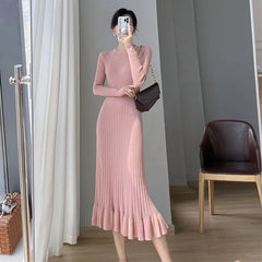 Apricot Knitted Ruffles Dress Women Korean Autumn Elegant Slim Long Sleeve Midi Dress Solid Streetwear Casual A Line Dress voguable