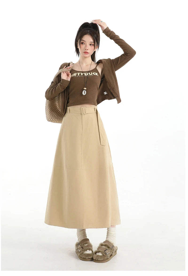Retro Belt Long Skirt Women Casual Sweet High Waist A Line Skirts Preppy Style Fall Winter Lady Korean Vintage Long Skirts voguable