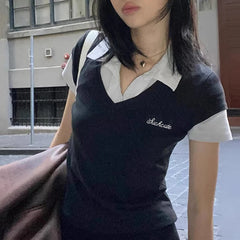 Voguable Korean Style Contrast Patchwork Top Women's Summer Preppy Style Slim-fitting Turn-down Short Sleeve T-shirts Streetwear voguable