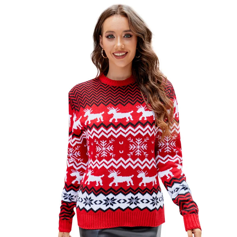 Hot Snowflake Christmas Reindeer Jacquard Pullover Sweater  Autumn Winter Couple Wear Christmas Round Neck Sweater New Year voguable