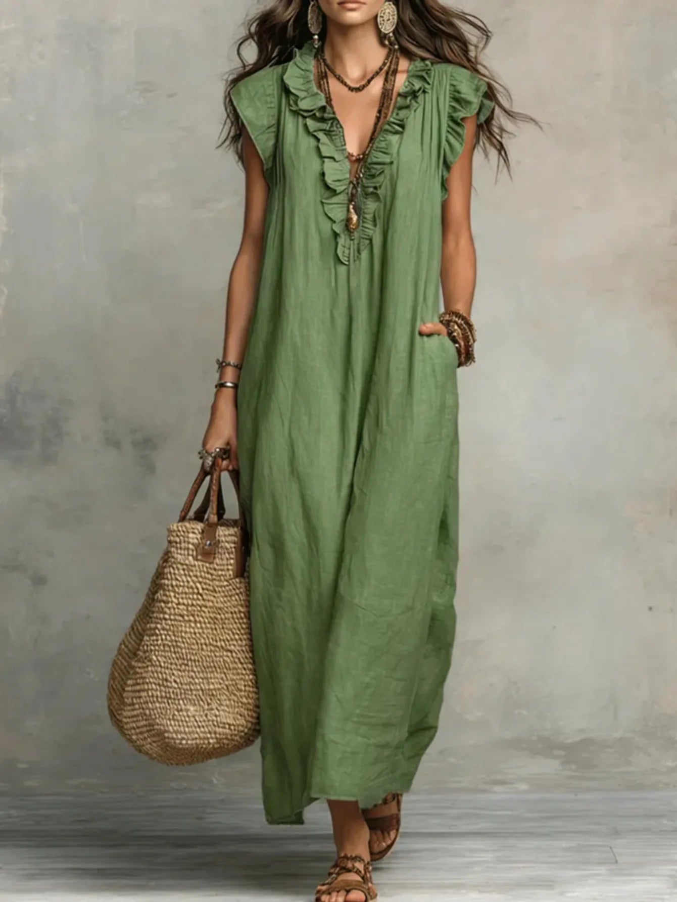 Voguable  New Ruffles V-neck Casual Solid Color Straight Tube Long Dresses Summer Casual Loose Fit Flying Sleeve Pocket Women's Dress voguable