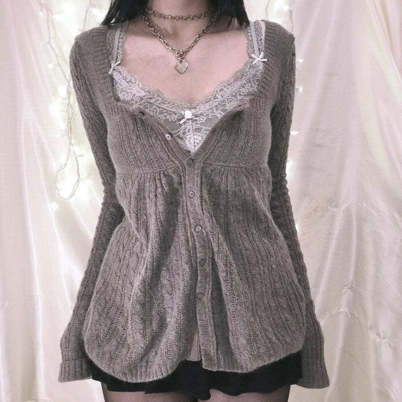 Vintage Babydoll Tops Pullovers Lady Aesthetic Coquette Knit Sweaters Outfit Autumn Square Neck Long Sleeve Knitwear Jumpers Y2k voguable
