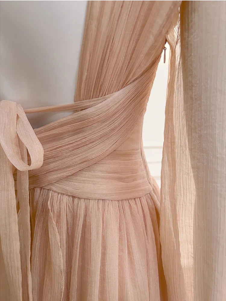 Embroidered Flares Lace-up Women's Backless Dress Solid Color V-Neck Lantern Sleeve 2025 Spring New Dresses Female voguable