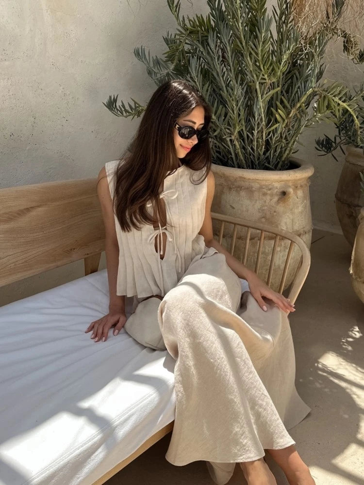 Elegant Solid Women Skirt Set Fashion O-neck Lace Up Sleeveless Pleated Vest Suit 2024 Lady White High Waist Long Skirts Outfits voguable