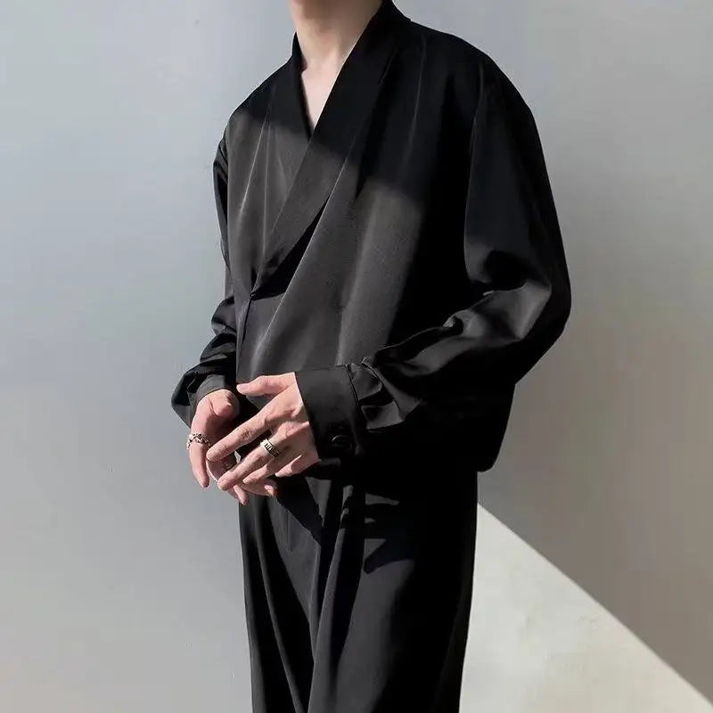 Voguable Black Long-sleeved Shirt Men Fashion Social Men Dress Shirt Korean Loose Casual Ice Silk Pullover Shirts Men Formal Shirt M-2XL voguable