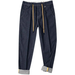 Spring Autumn New Fashion Solid Color Elastic Waist Jeans Men's Clothing Drawstring Pockets Chaopai Casual Loose Straight Pants