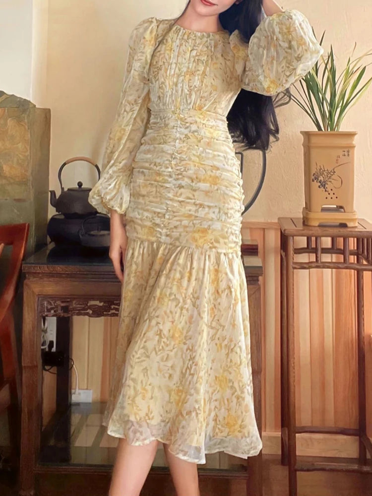 Voguable  Elegant Printed Dress for Women O Neck Long Puff Sleeve High Waisted Midi Dresses Fashion Casual Chic Chiffon Dress voguable
