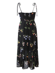 Voguable Summer Fashion Women French Style Floral Print Sling Chiffon Dress Vintage Black Female Midi Robe Prairie Chic voguable