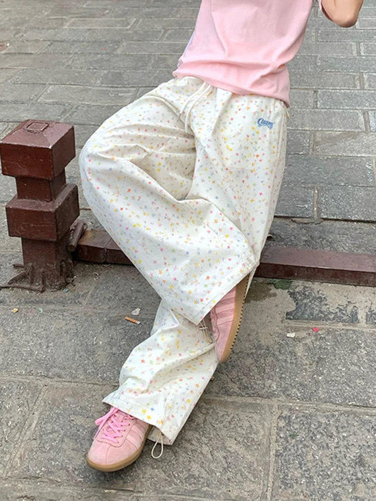 Stars Print Letter Cargo Pants Women Sweet Fashion High Waist Wide Leg Trousers Casual Loose Preppy Style Female Cute Pants voguable