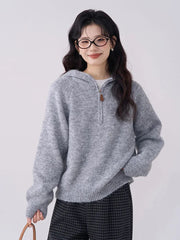Korean Vintage Gray Sweaters Women Long Sleeve Casual Simple Knitted Hooded Jumper Retro Loose All Match Female Fall Winter Tops voguable