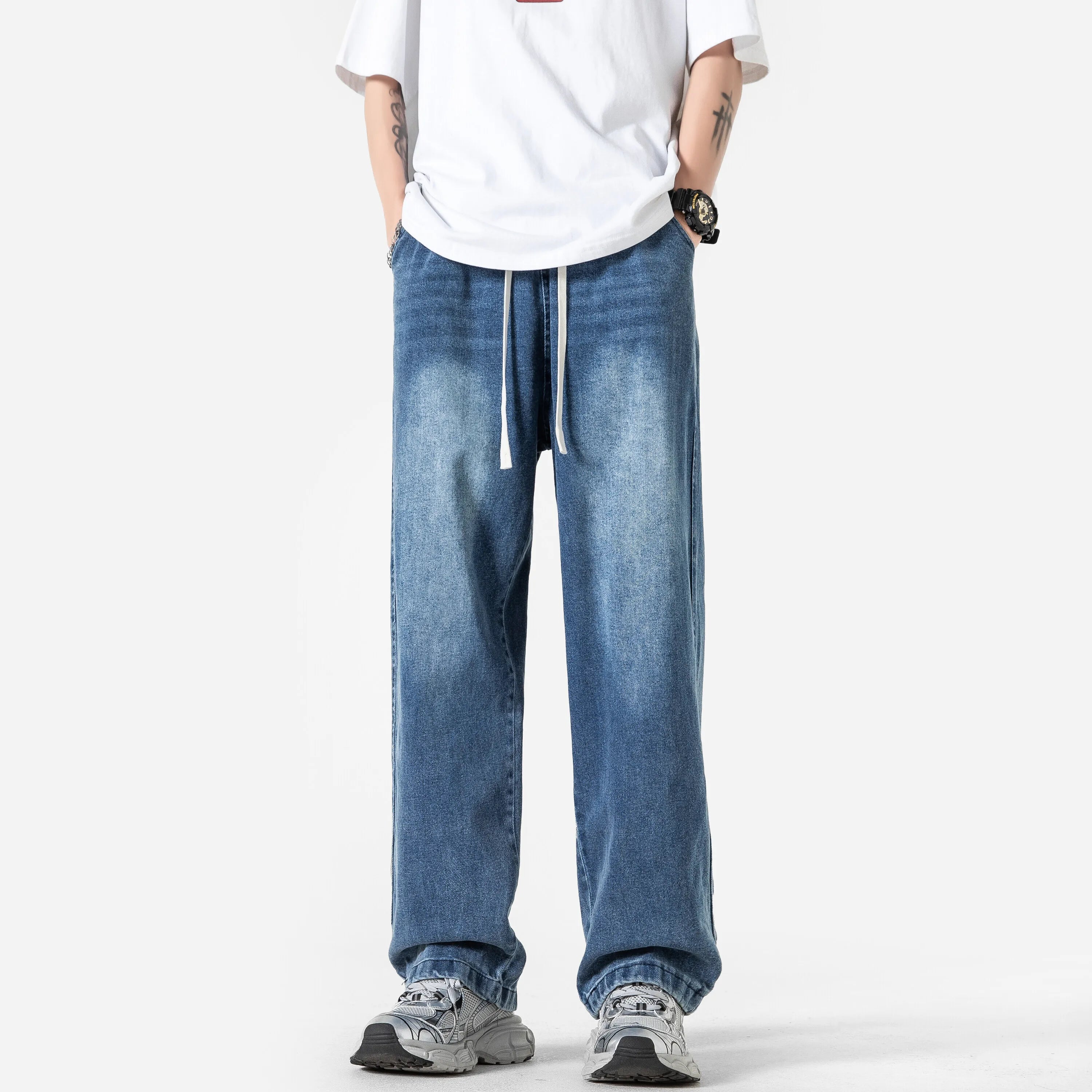 Summer Baggy Jeans Men Fashion Casual Straight Jeans Men Streetwear Hip-hop Loose Drawstring Vintage Jeans Mens Denim Trousers voguable
