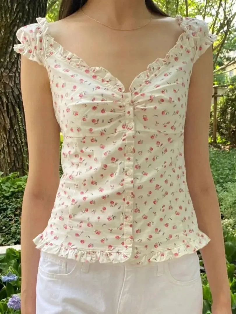 Ruffles White Basic Blouse Top for Woman Summer Folds Single Breasted Sleeveless Tank Tops Casual Cotton Vest Y2k Sweet Camisole voguable