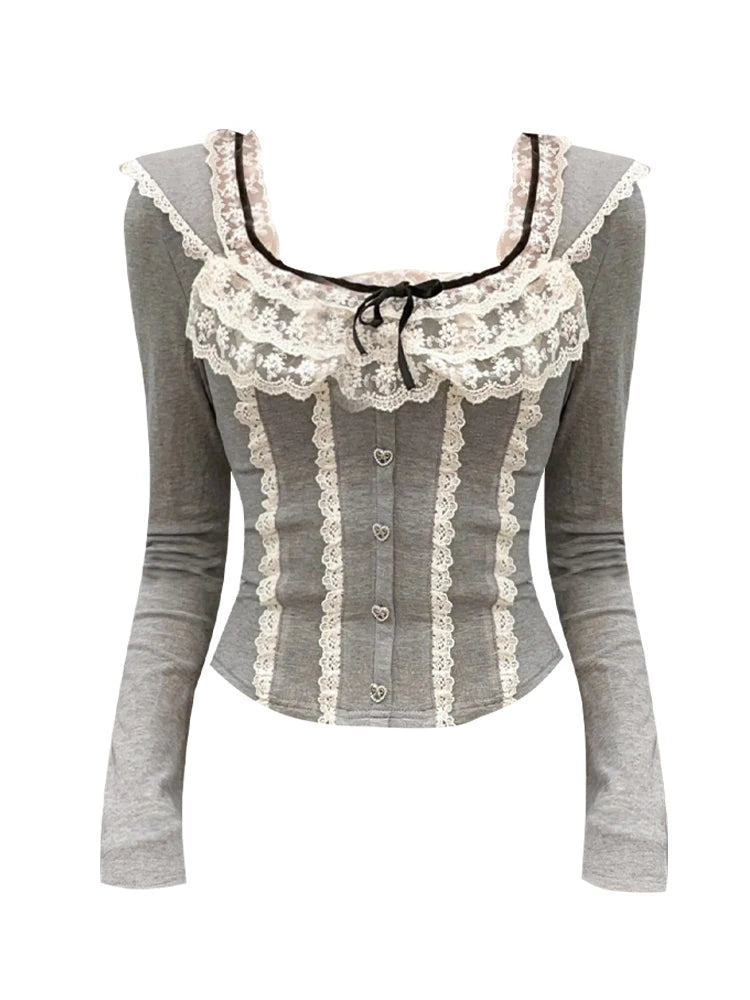 Autumn Women French Vintage Aesthetic Long Sleeve T-Shirts Mori Girl Lace Coquette Square Collar Crop Tops Maillard Fairy Core voguable