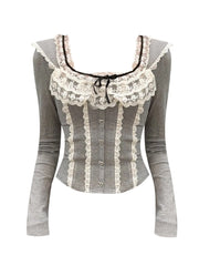 Autumn Women French Vintage Aesthetic Long Sleeve T-Shirts Mori Girl Lace Coquette Square Collar Crop Tops Maillard Fairy Core voguable