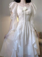 Voguable  Elegant White Dress Women Fairy Dresses Summer Chiffon Vintage Female Sundress Ruffles Holiday Style Fashion Robe voguable