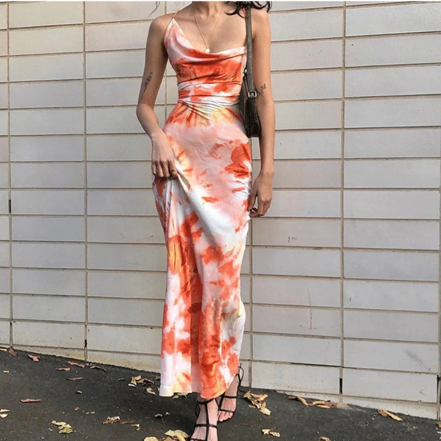 Voguable  European and American summer hit  tie-dye print sexy back -strap mid-long suspender dress voguable
